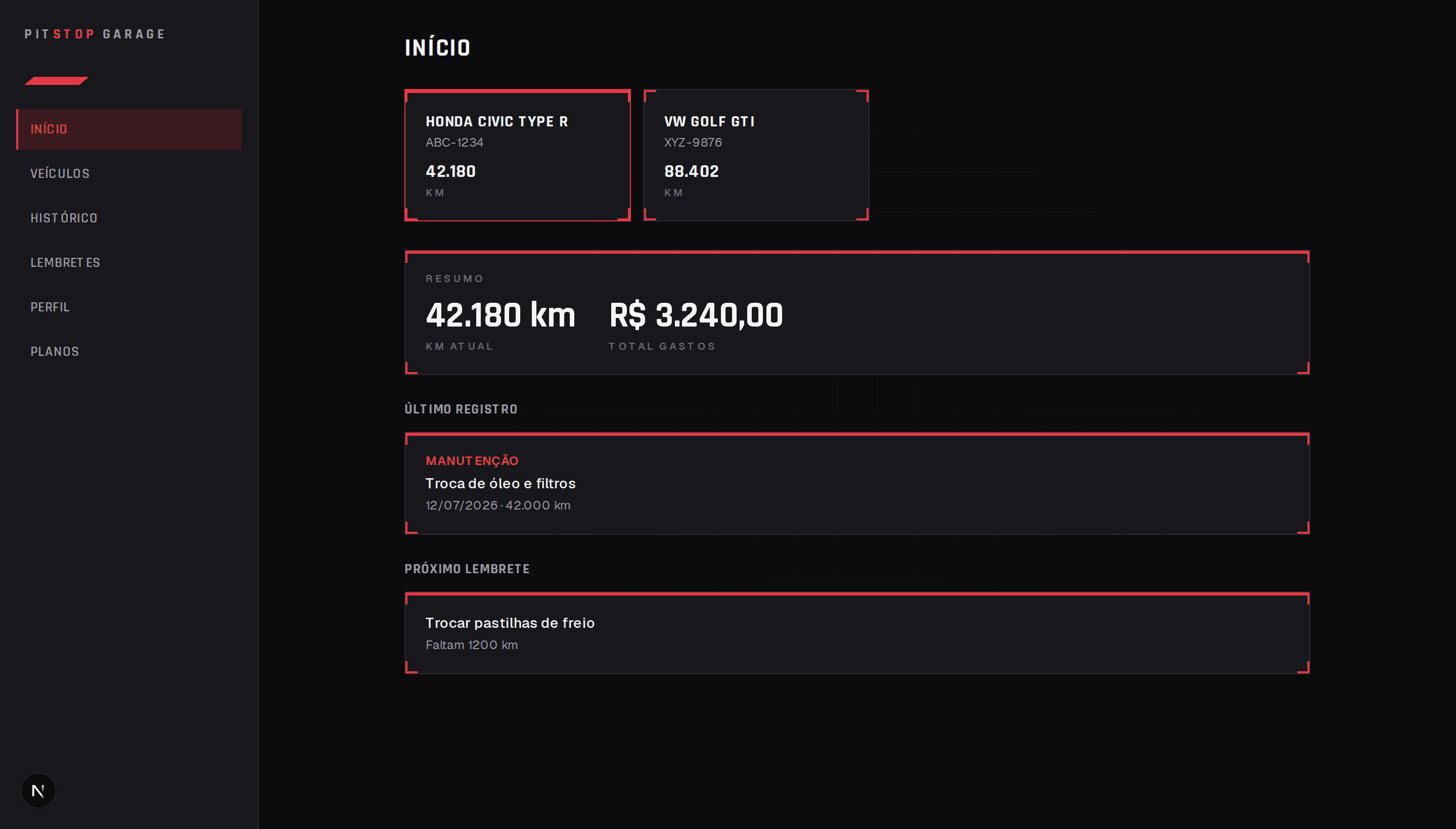Painel do PitStop Garage mostrando o resumo de um veículo, km atual e último registro